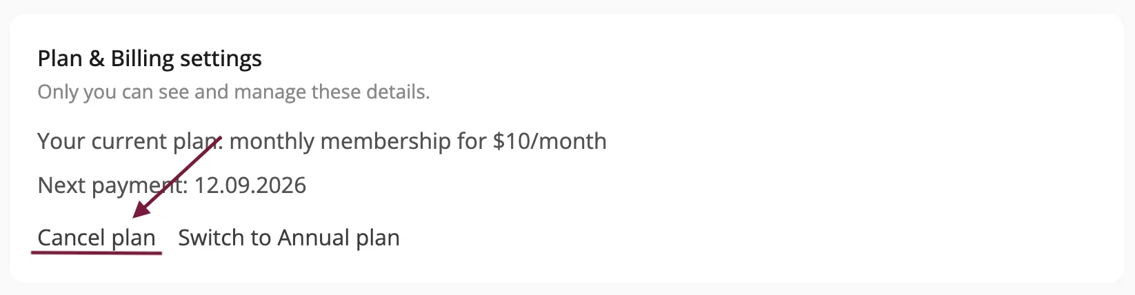 Plan & Billing settings with the ‘Cancel Subscription’ button