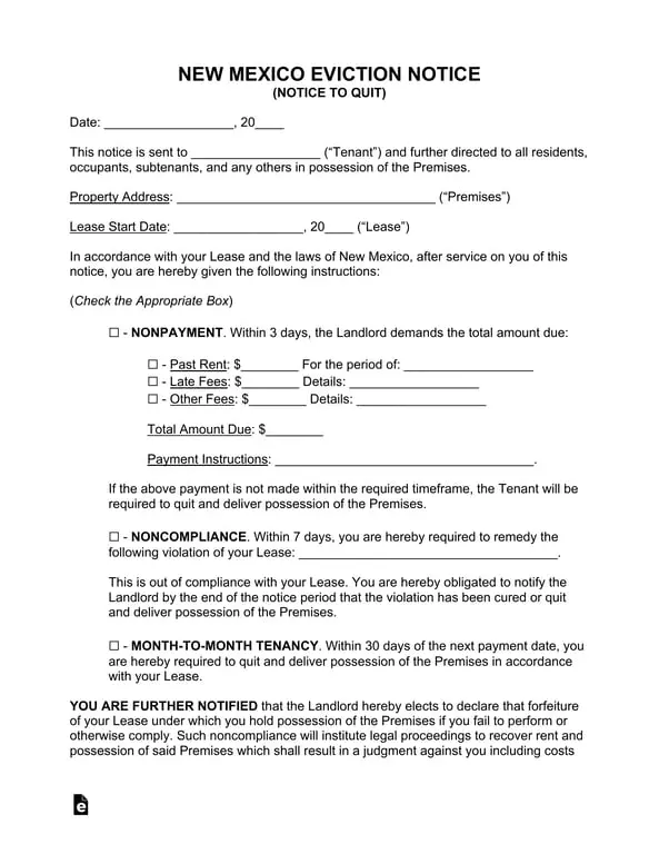 New Mexico 3 Day Eviction Notice Details