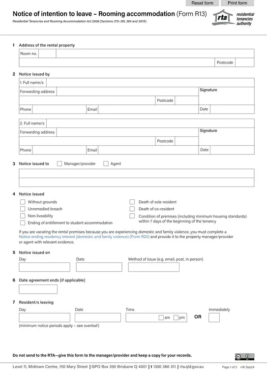 AU RTA 13 - Notice of Intention to Leave Rooming Accommodation in Queensland