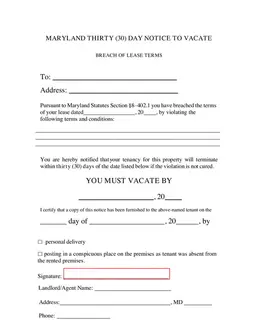 Maryland 30 Day Notice to Vacate under Section §8–402.1 form preview