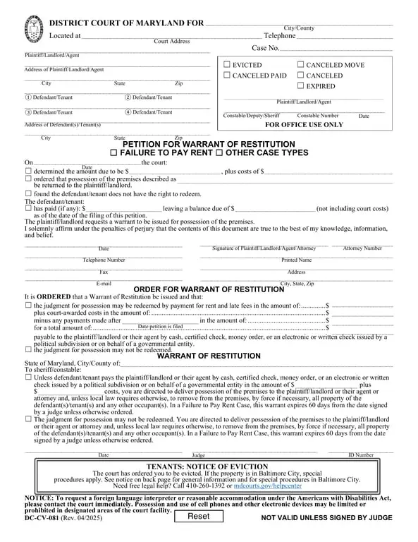 Maryland Warrant of Restitution Petition - Landlords Legal Possession Request