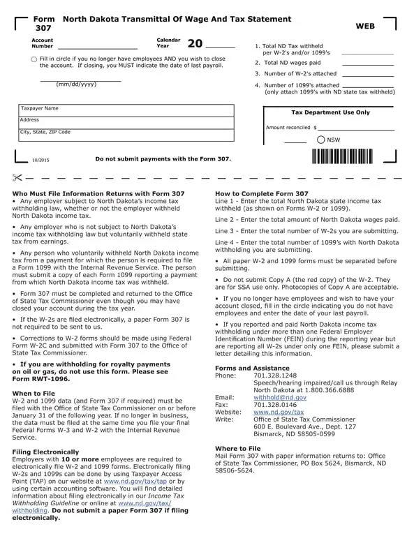 North Dakota Wage and Tax Statement 307 Transmittal