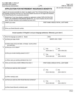 Social Security SSA-1-BK Retirement Insurance Benefits Application form preview