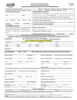 Kentucky Vehicle Title and Registration Application TC 96-182 form preview
