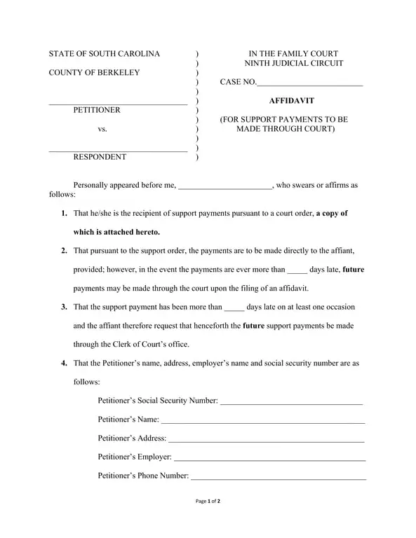 South Carolina Ninth Judicial Circuit Support Payment Affidavit