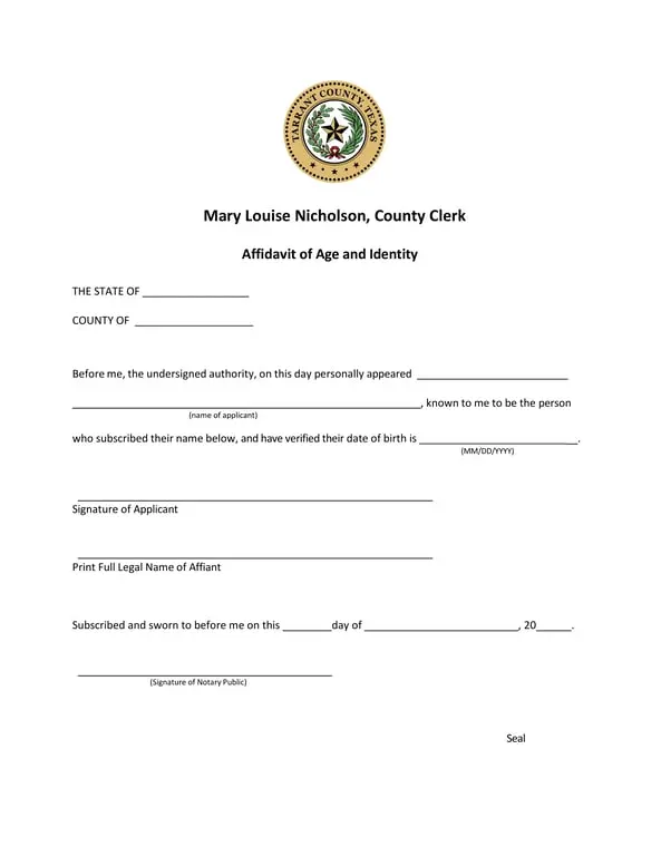 Texas Notarized Affidavit for Age and Identity Verification