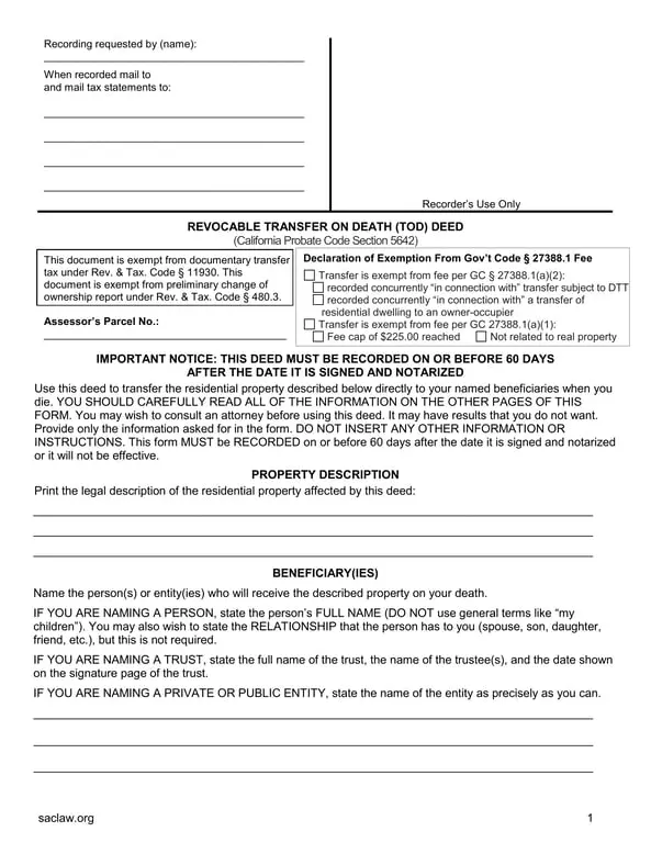 California Transfer on Death Deed - Probate Code Section 5642 Exemption - Revocable TOD
