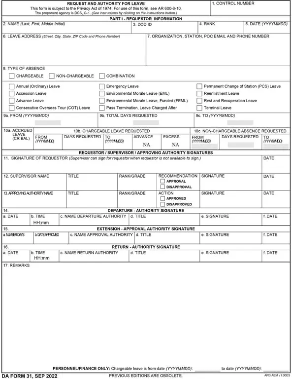 DA 31 – Request and Authority for Leave