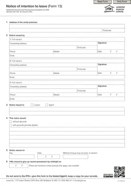AU RTA Notice of Intention to Leave 13 for Rental Vacating Tenants form preview