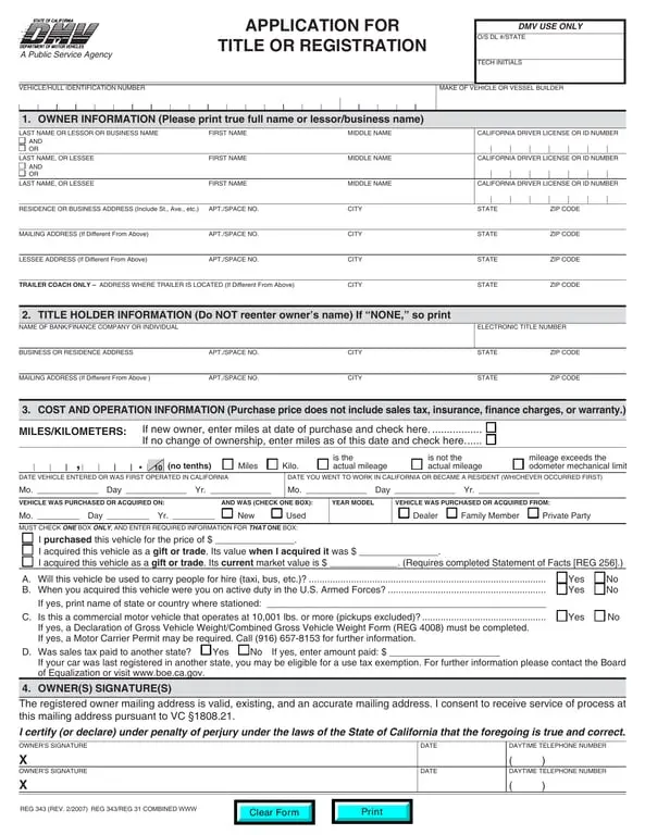 California DMV Title or Registration Application REG 343