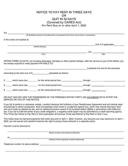 California Pay Rent or Quit Notice - CARES Act Aligned Rental Payment Requirement Notice for April 2022 form preview