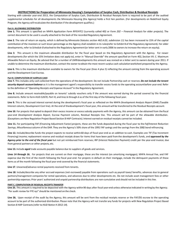 Minnesota Housing Surplus Cash Computation and Distribution Receipts - MHFA RFP/HTC1