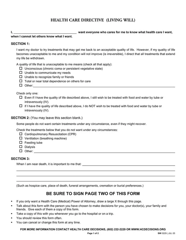 SW 0229 Health Care Directive - Specify Your Personal Health Care Preferences
