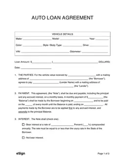 Auto Loan Agreement Details and Terms form preview