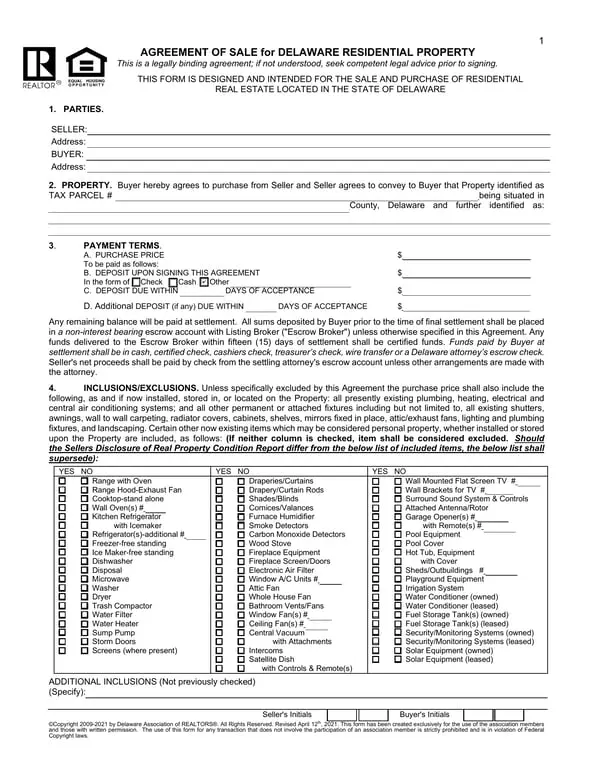 Delaware Residential Property Sale Agreement