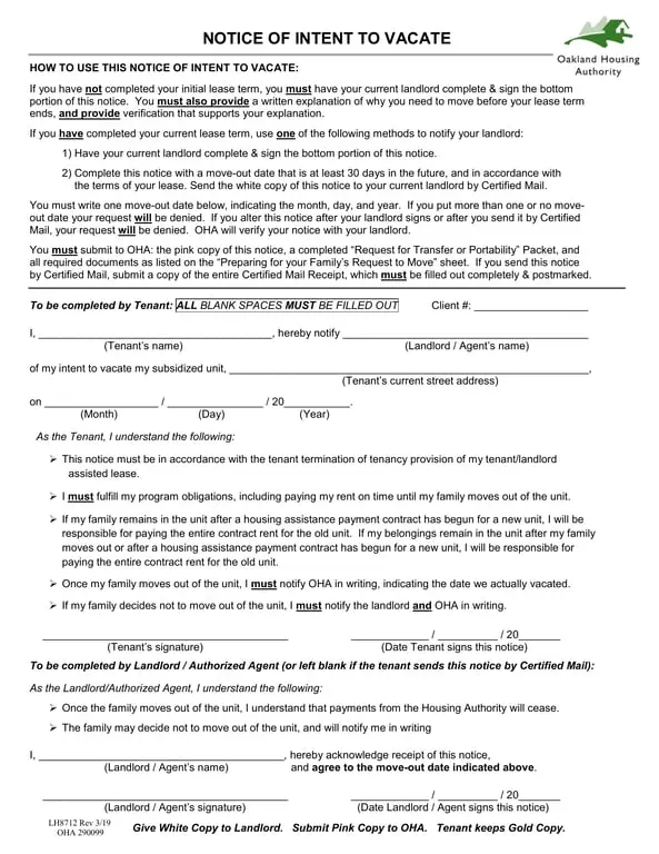 30-Day Notice of Intent to Vacate Acknowledgment
