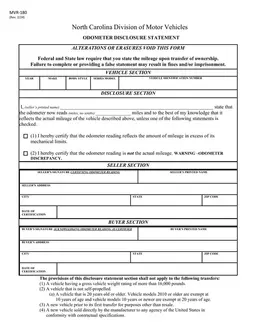 North Carolina MVR-180 Vehicle Mileage and Ownership Transfer Document form preview