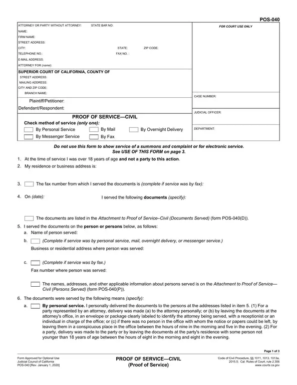 California Civil Proof of Service POS-040 Overview