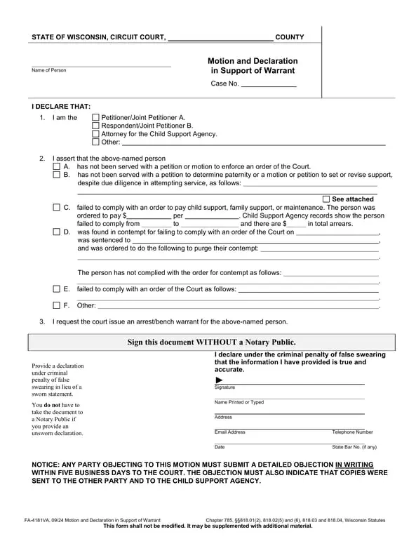Wisconsin Affidavit of Support FA-4181VA - Motion and Declaration for Warrant Request