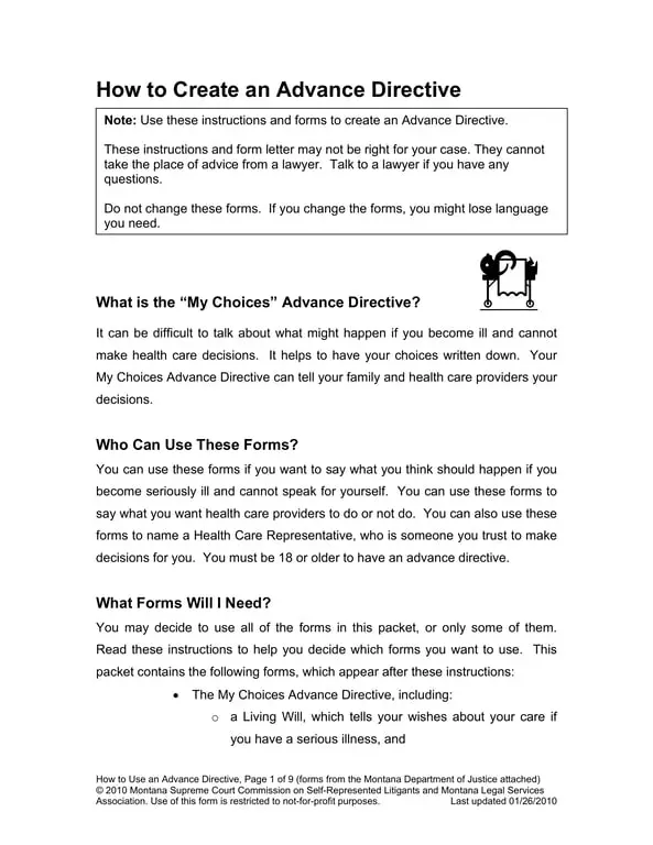 My Choices Advance Directive Montana - Specify Personal Healthcare Wishes and Appoint Your Representative