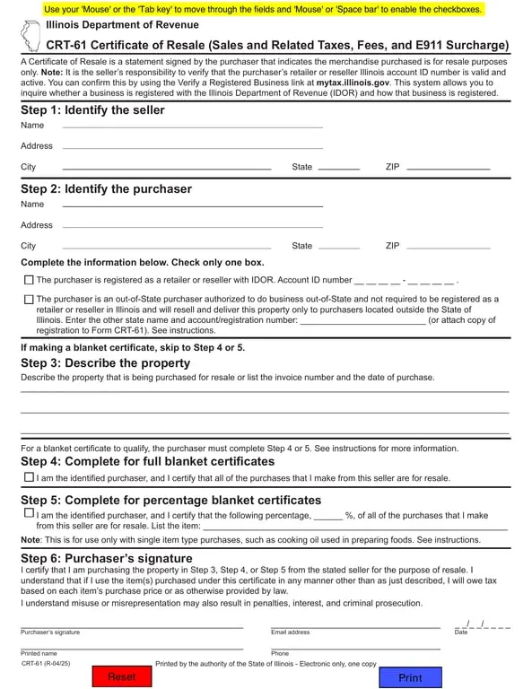 Illinois Department of Revenue CRT-61 Cash Receipt for Resale Purchases Verification