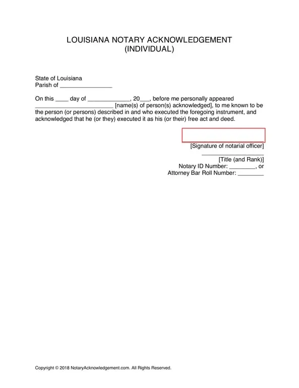 Louisiana Notary Acknowledgement for Legal Signature Authentication
