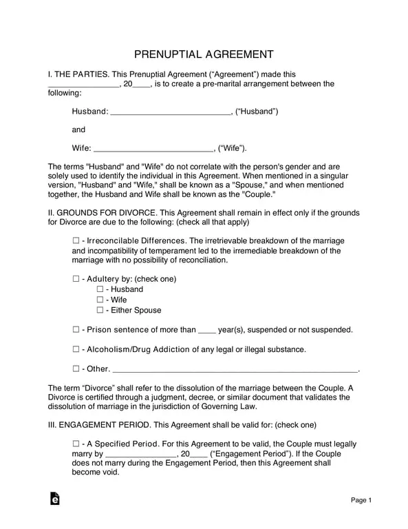 Prenuptial Agreement - Premarital Contract Outlining Asset Division and Divorce Conditions
