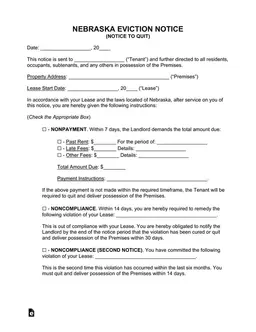 Nebraska Eviction Notice for Rent Nonpayment - Legal Notification for Lease Agreement Violation form preview