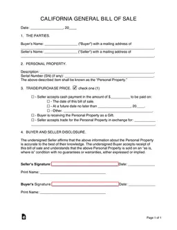California General Bill of Sale Document Explained form preview