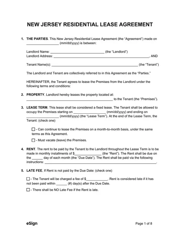 New Jersey Residential Lease Agreement Outline