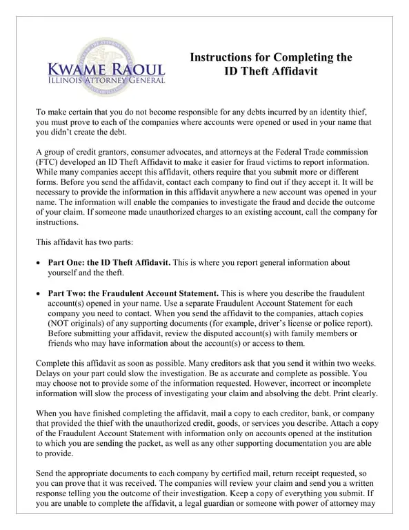 Illinois Identity Affidavit for Fraud Victim Assistance
