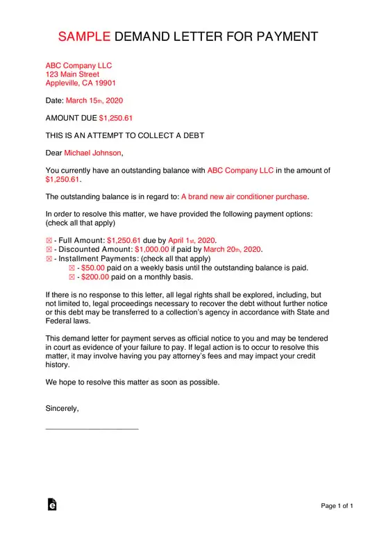ABC Company's Payment Demand Letter for Debt Collection of Air Conditioner Purchase