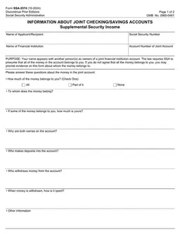 SSA-2574: Clarifying Ownership of Joint Account Funds for Supplemental Security Income form preview