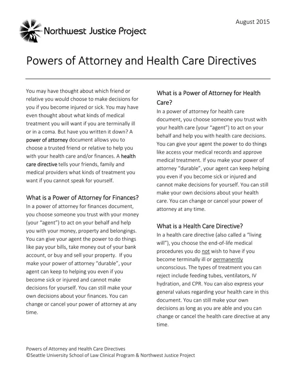 Washington Power of Attorney and Health Care Directive Guidance - Seattle University & Northwest Justice Project