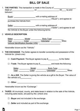 Car bill of Sale form preview