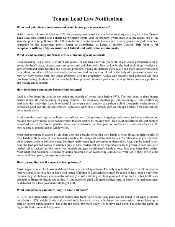 Massachusetts Tenant Lead Law Notification and Certification