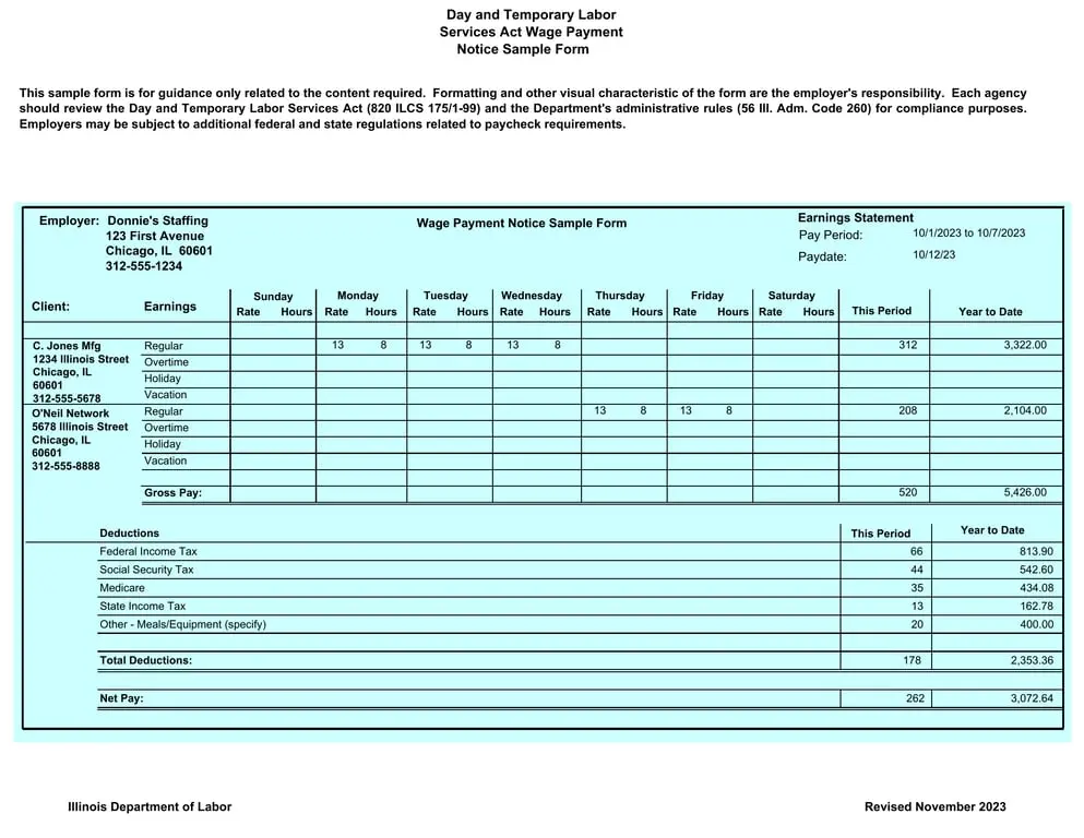Illinois Wage Payment Notice Sample - Comprehensive Salary Record