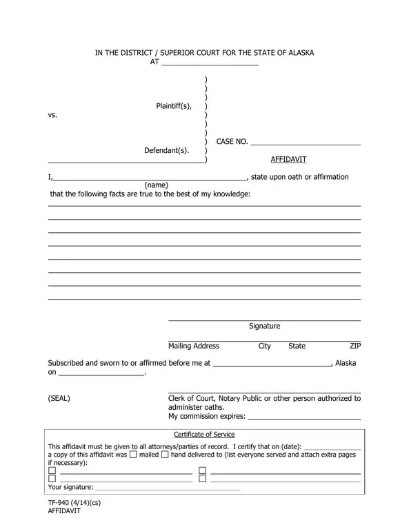 Alaska TF-940 Affidavit of Identity - District/Superior Court Sworn Statement of Facts