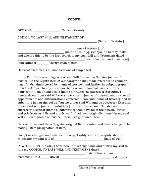 Georgia Codicil for Last Will and Testament Amendments