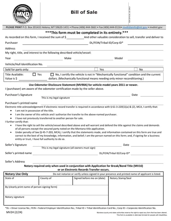 Montana Vehicle or Vessel Transfer Certificate - MV24
