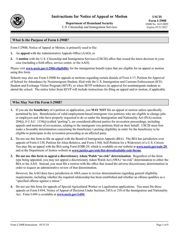 I-290B Notice of Appeal or Motion for USCIS Decisions