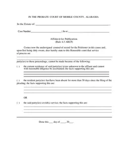 Alabama Rule 4.3 ARCP Affidavit for Publication - Unreachable Party Statement for Mobile County Probate Court form preview
