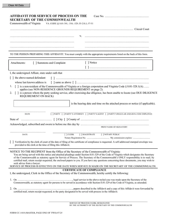 Virginia CC-1418 Affidavit for Service of Process Details and Uses