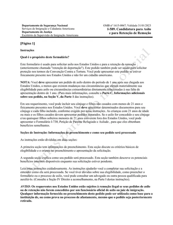I-589 US Asylum Application and Withholding of Removal - Department of Homeland Security and Immigration Services