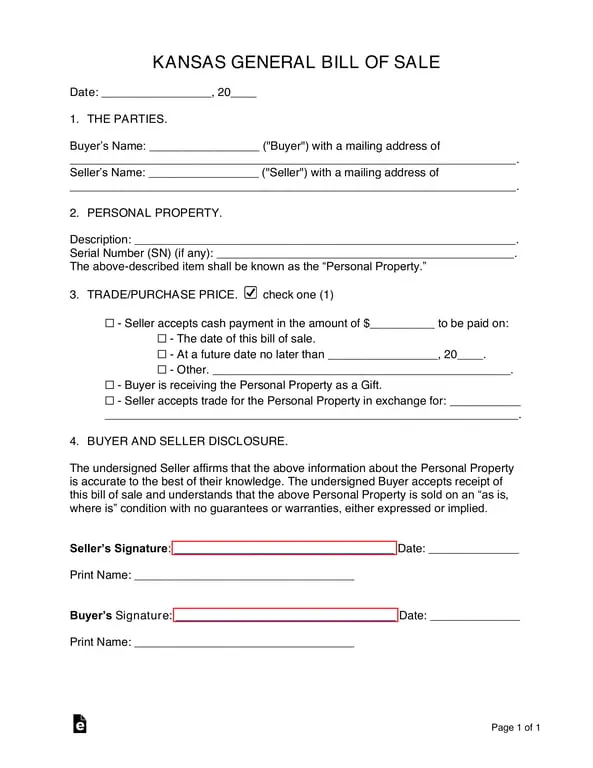 Kansas General Bill of Sale - Legal Document for Personal Property Transfer in Kansas