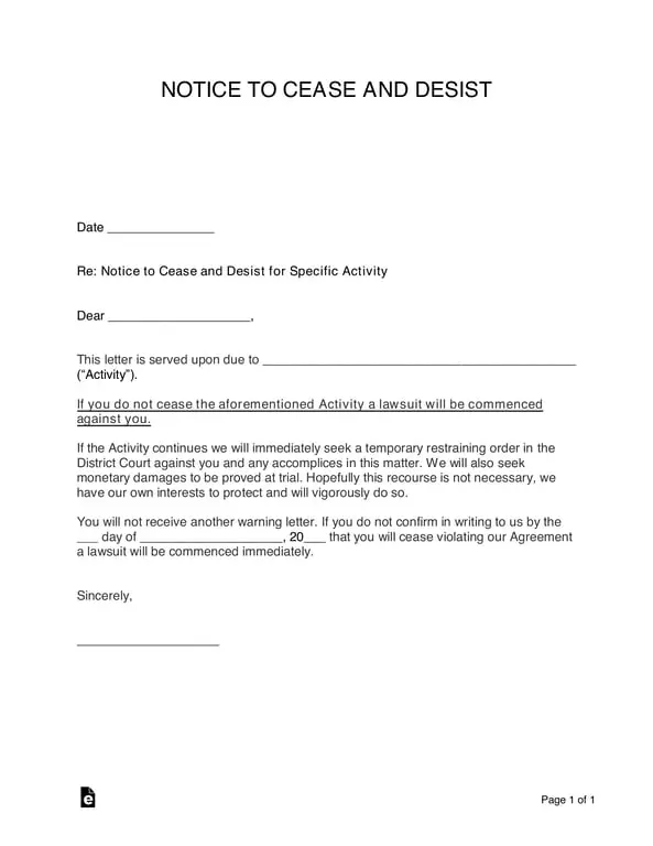 Notice to Cease and Desist - Official Stop Activity Request