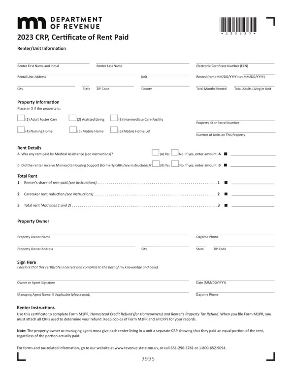 Minnesota 2023 CRP - Certificate of Rent Paid for Tax Refunds