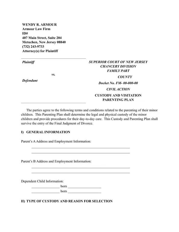 Joint Custody and Parenting Plan Documentation