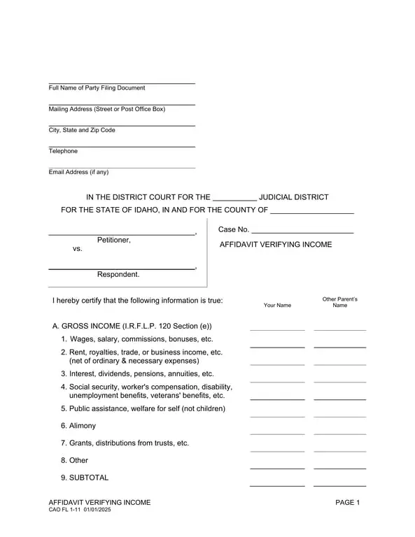 Idaho Income Verification - CAO FL 1-11