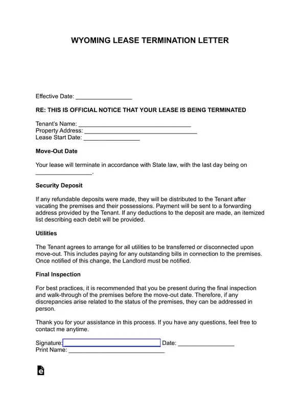 Wyoming Lease Termination Letter Details and Provisions